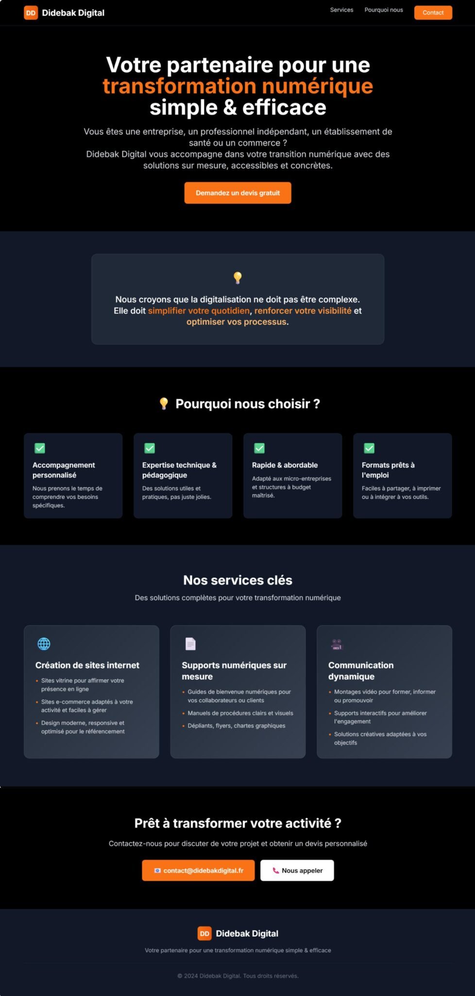 Modernisation de la page d'accueil du site DideBak Digital - design professionnel et épuré pour services digitaux et création de sites web