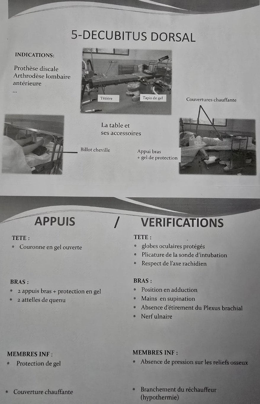 Décubitus dorsal : table et accessoires, appuis et vérifications